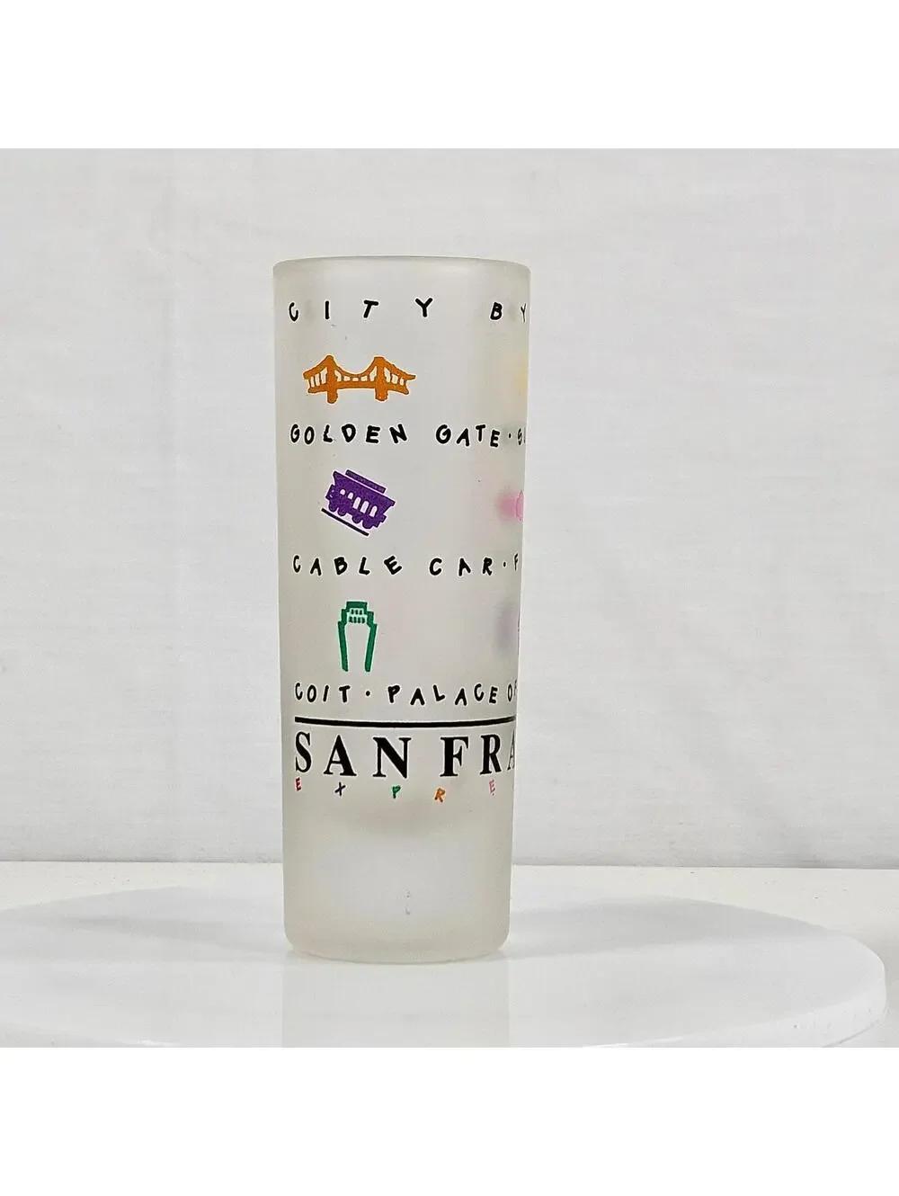 Vintage San Francisco Frosted Shot Glass Golden Gate Cable Car Souvenir